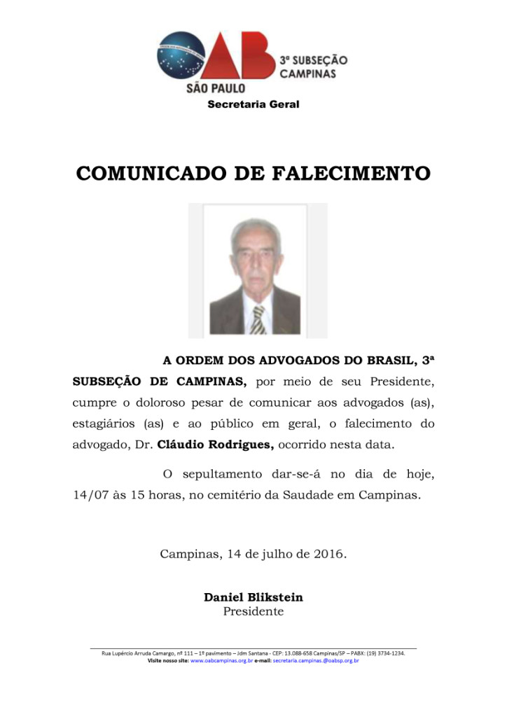 FALECIMENTO - DR. CLÁUDIO RODRIGUES
