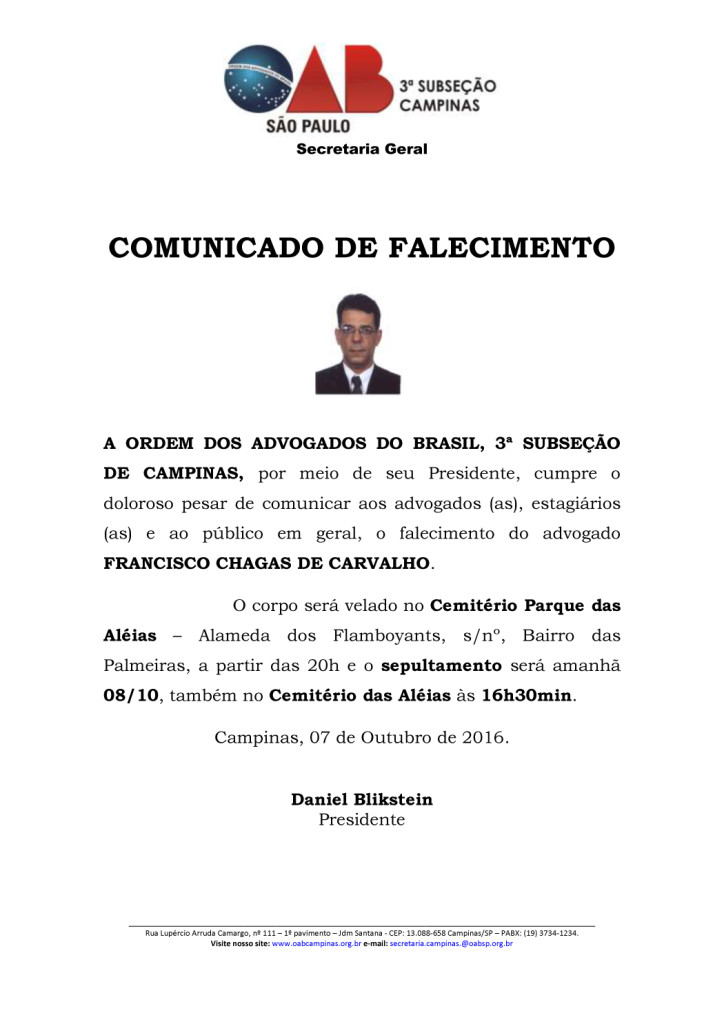 COMUNICADO FALECIMENTO - FRANCISCO CHAGAS DE CARVALHO